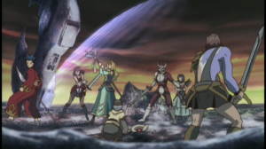 The characters of .Hack//Sign: (from left to right) Crim, Mimiru, BT, Tsukasa, Silver Knight, Subaru, and Bear.