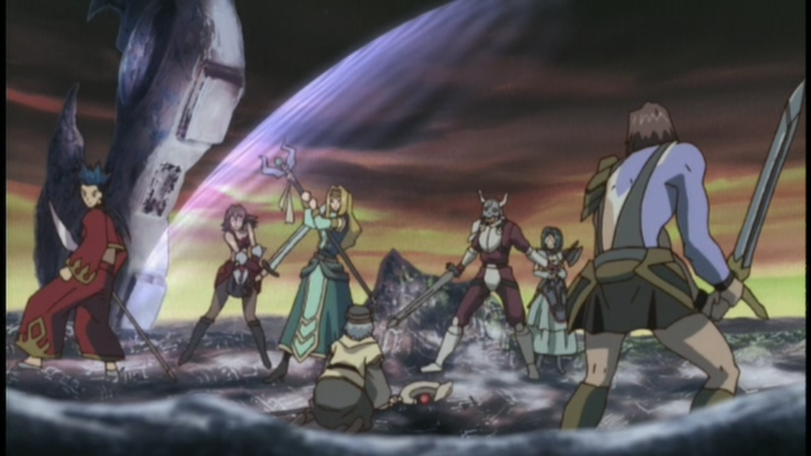 The characters of .Hack//Sign: (from left to right) Crim, Mimiru, BT, Tsukasa, Silver Knight, Subaru, and Bear. Not pictured: Sora, because he was being a douche at the time.