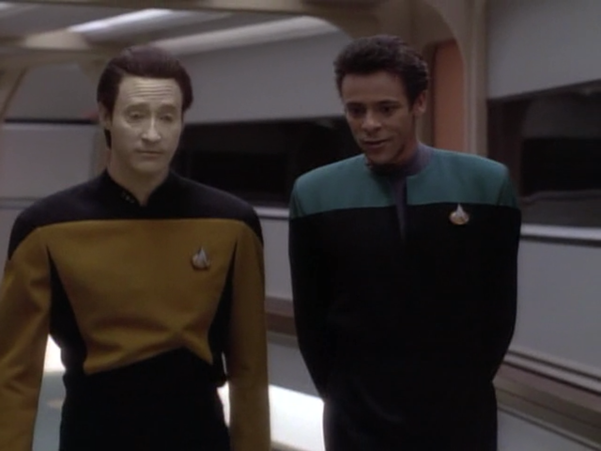 Data and Bashir hang out while the Enterprise-D visits Deep Space 9 in "Birthright, Part I."