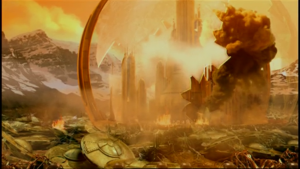 Destroyed capital on Gallifrey, surrounded by crashed Dalek saucers.